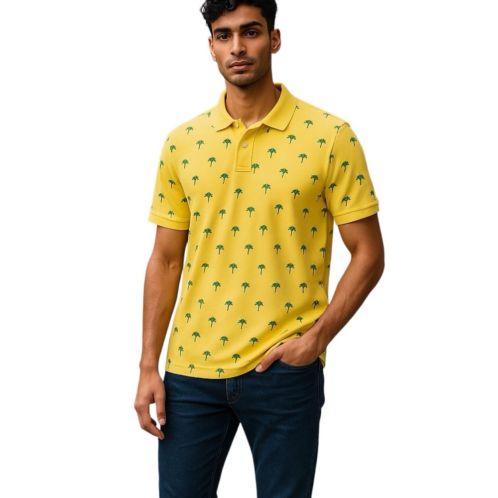 GUESS Short Sleeve Men's Polo Sz Large Palm Tree Design Yellow Tropical Golf